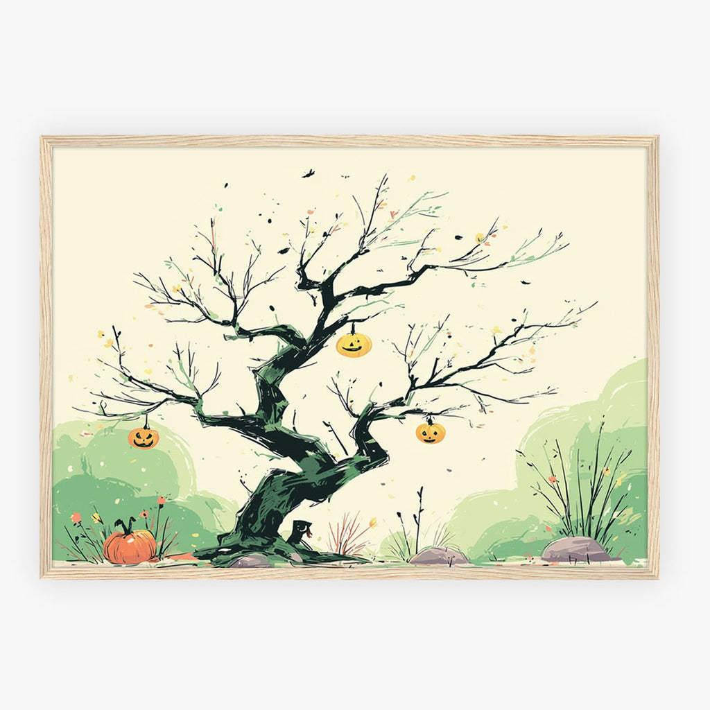 A-Sized Poster Landscape - Autumn folklore artwork of twisted tree with hanging Halloween jack-o'-lanterns