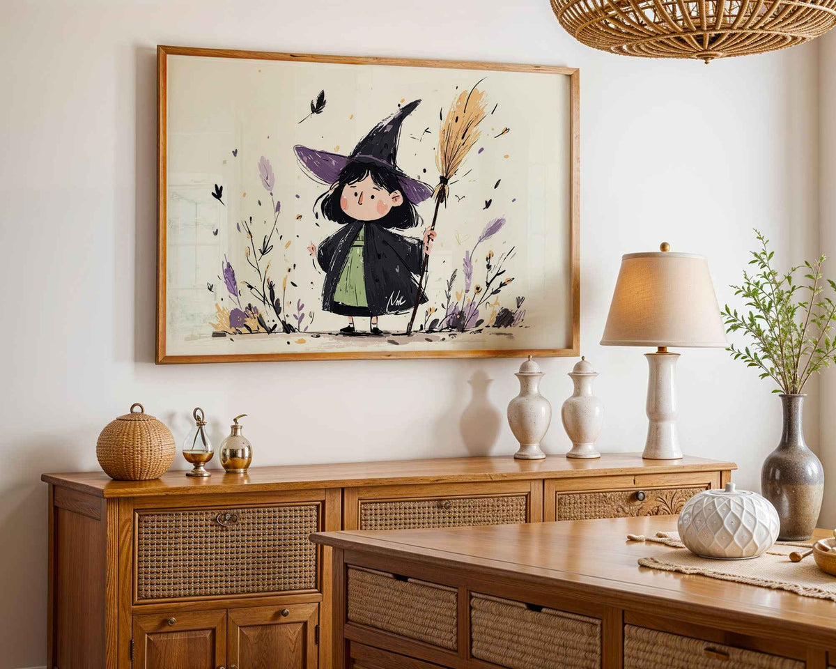 Little Witch with Broomstick – Children’s Wall Art Print