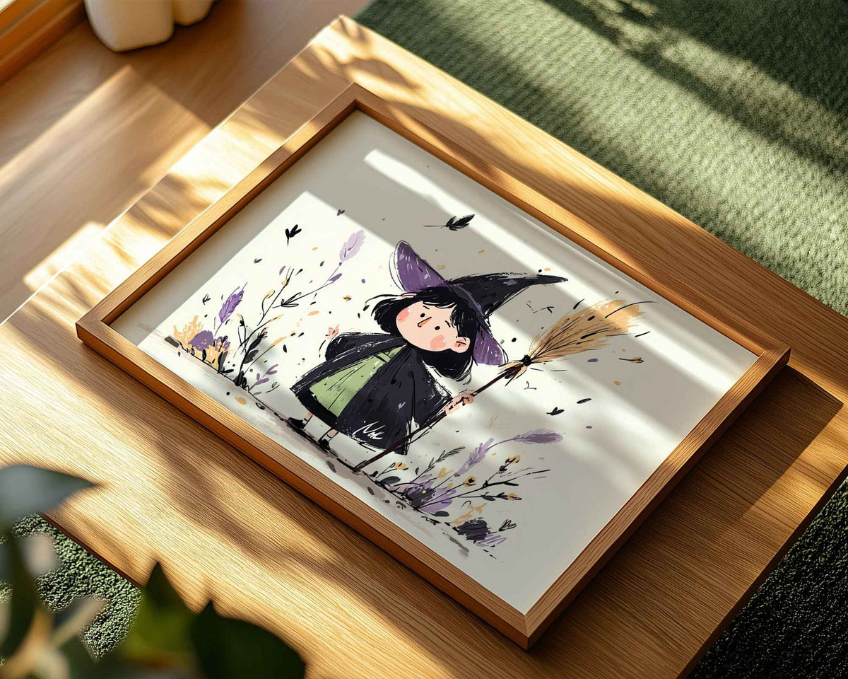 Little Witch with Broomstick – Children’s Wall Art Print