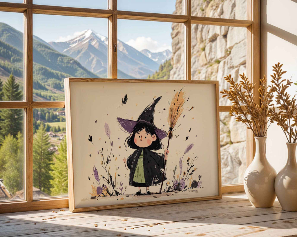 Little Witch with Broomstick – Children’s Wall Art Print