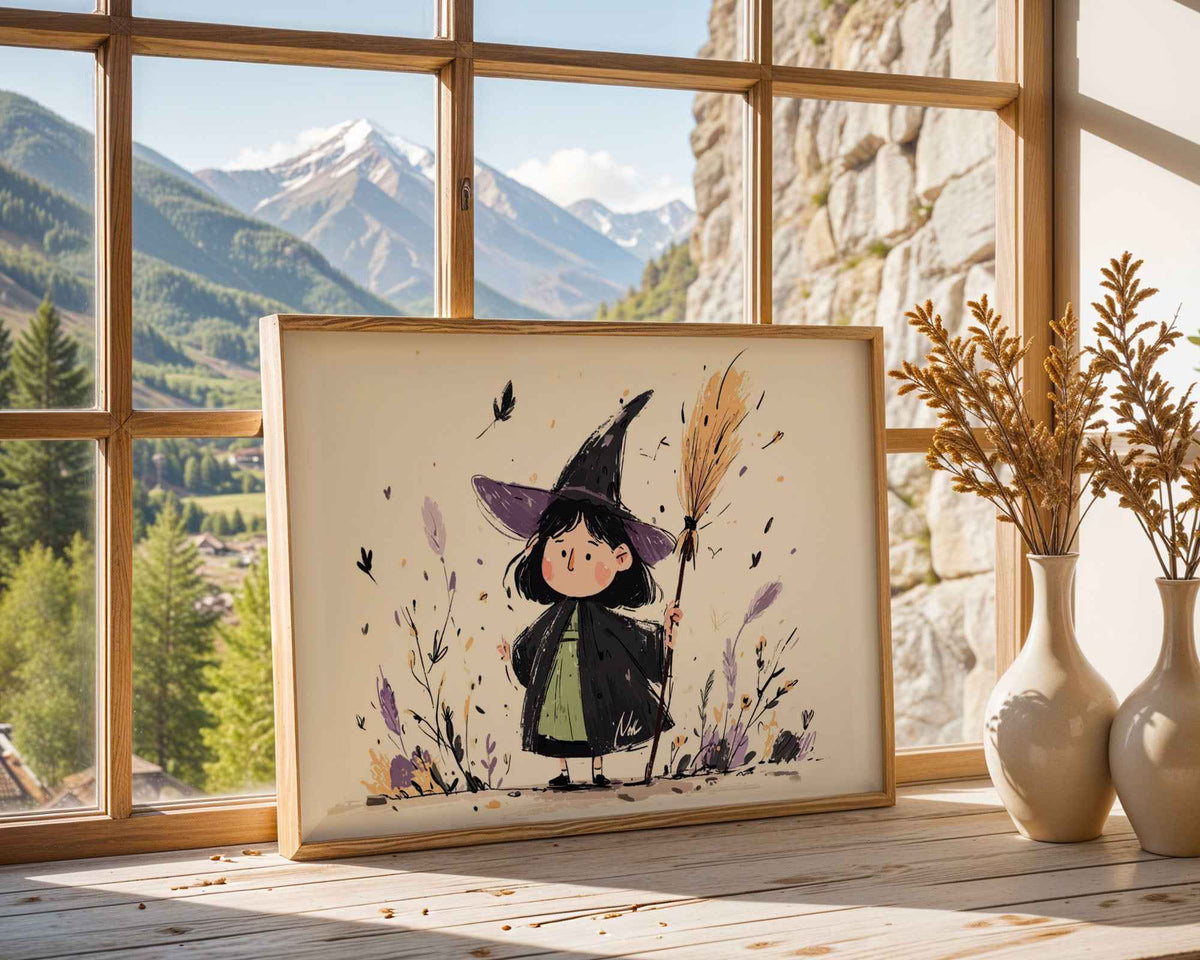 Little Witch with Broomstick – Children’s Wall Art Print