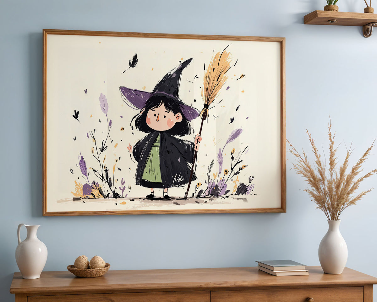 A-Sized Poster Landscape - Hand-drawn children's print of a smiling witch holding a golden broomstick amid decorative purple 