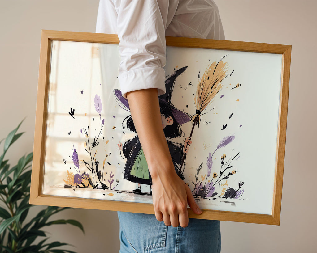 A-Sized Poster Landscape - Charming witch character artwork with scattered ink brushstrokes, purple feathers and golden flora