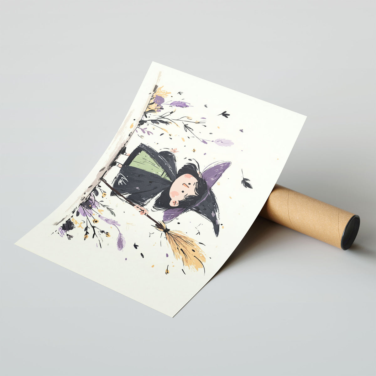 A-Sized Poster Landscape - Whimsical illustration showing a girl in witch costume surrounded by stylised purple and golden pl