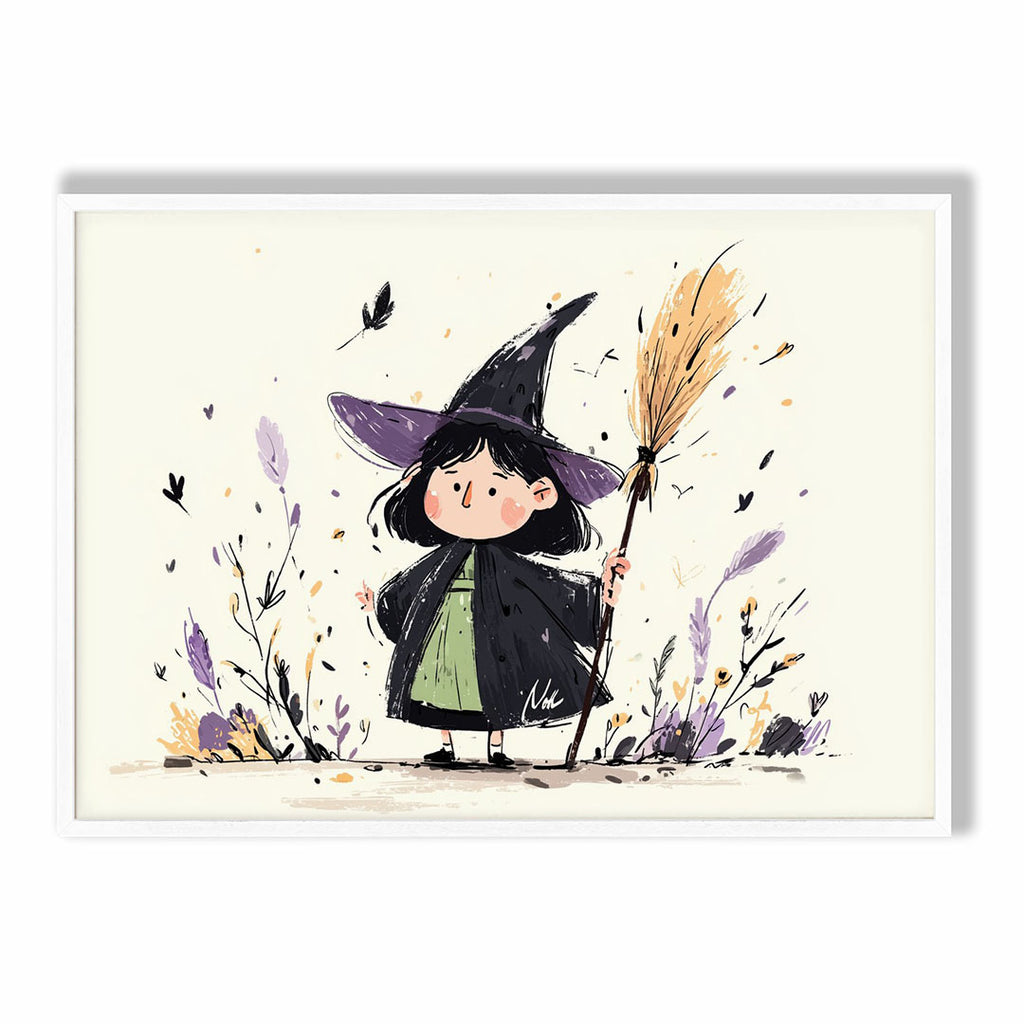 A-Sized Poster Landscape - Cute witch print with hand-painted style showing character with broomstick amongst golden and purp