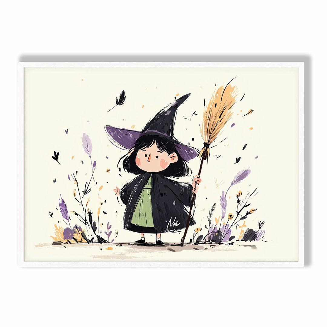 A-Sized Poster Landscape - Cute witch print with hand-painted style showing character with broomstick amongst golden and purp