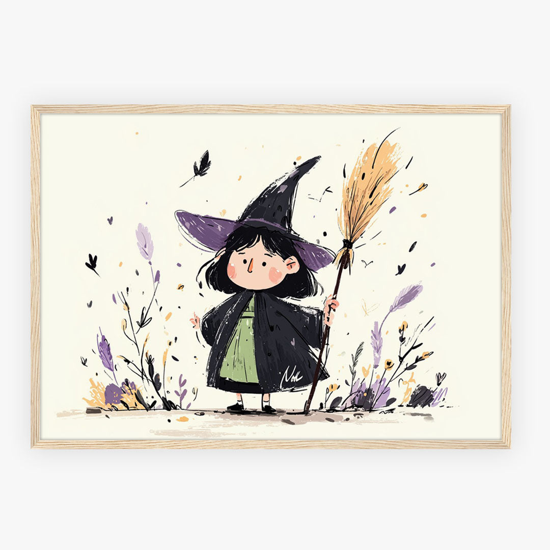 A-Sized Poster Landscape - Magical children's wall art featuring a young witch with decorative botanical elements in purples,