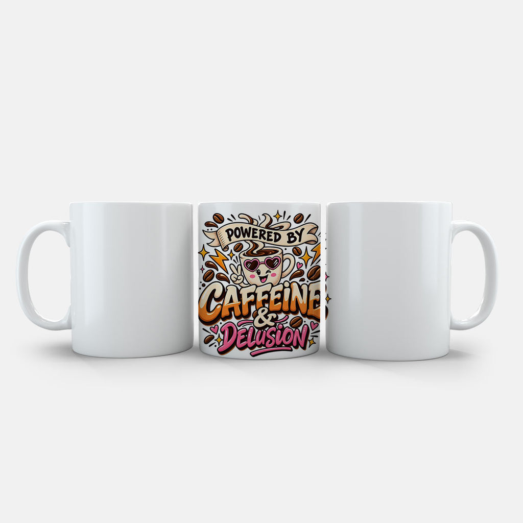 11oz Ceramic Mug Orange - Warm-toned caffeine humour mug with smiling coffee cup and decorative swirls