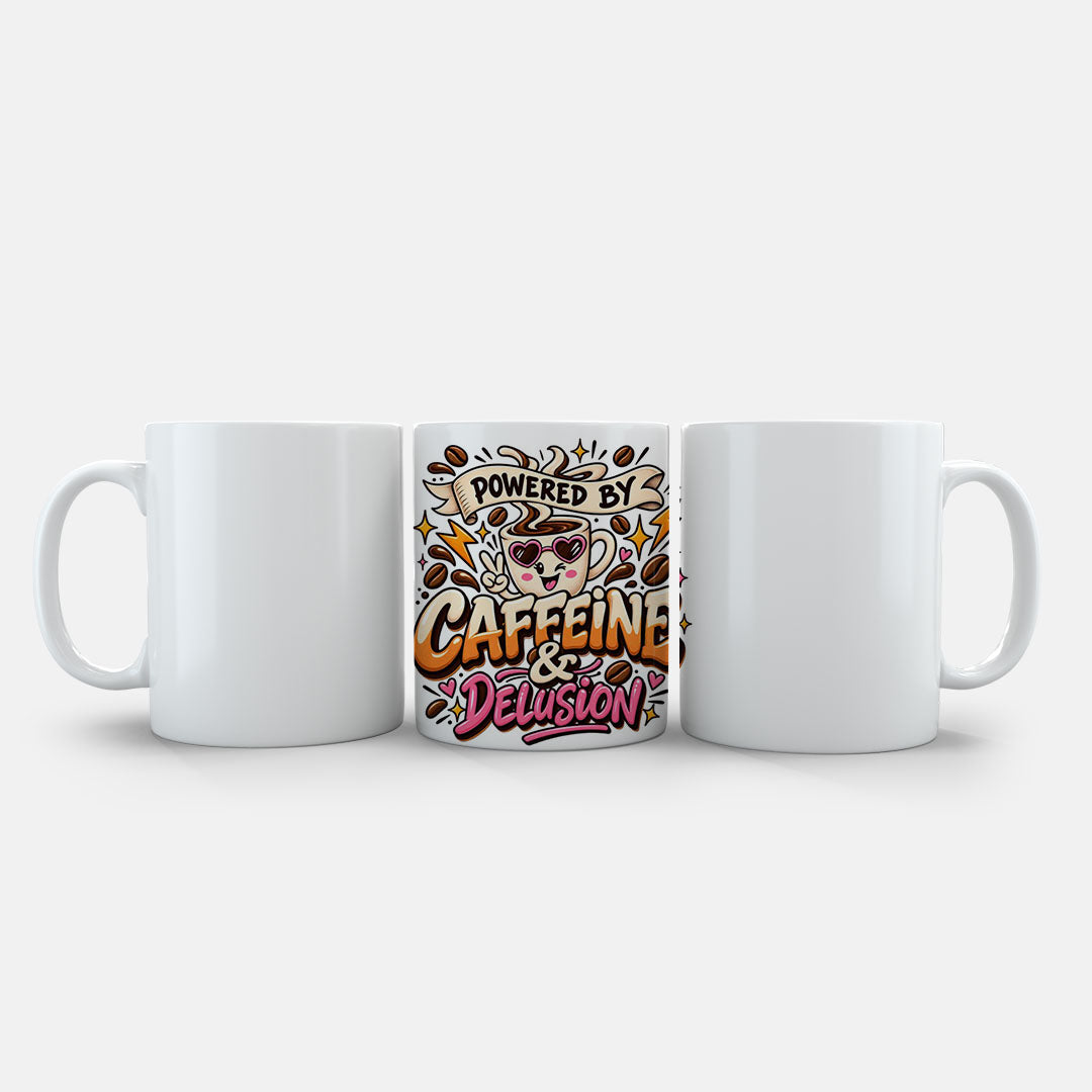 11oz Ceramic Mug Orange - Warm-toned caffeine humour mug with smiling coffee cup and decorative swirls