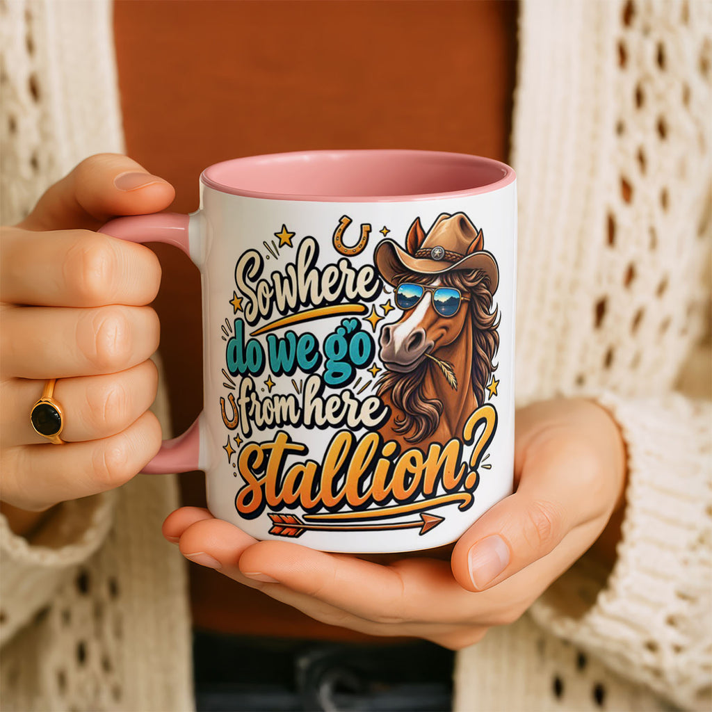 11oz Ceramic Mug Black - Cartoon cowboy horse in aviators and Stetson with humorous text and gold stars