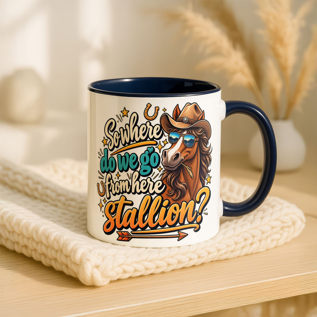 11oz Ceramic Mug Blue - Cartoon cowboy horse in aviators and Stetson with humorous text and gold stars