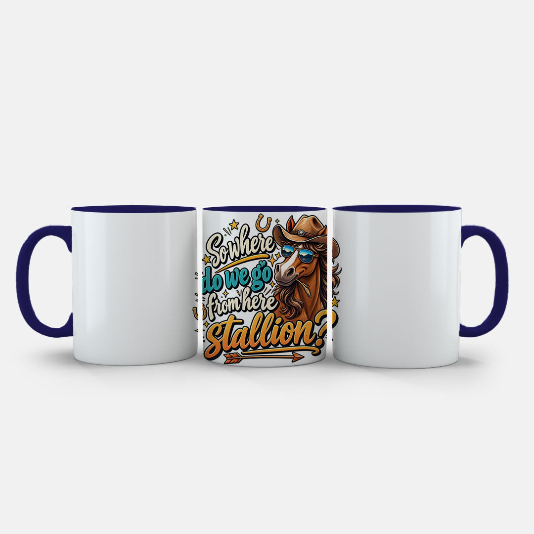 11oz Ceramic Mug Red - Cartoon cowboy horse in aviators and Stetson with humorous text and gold stars