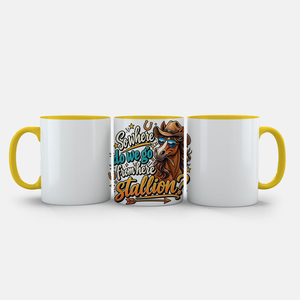 11oz Ceramic Mug Green - Cartoon cowboy horse in aviators and Stetson with humorous text and gold stars