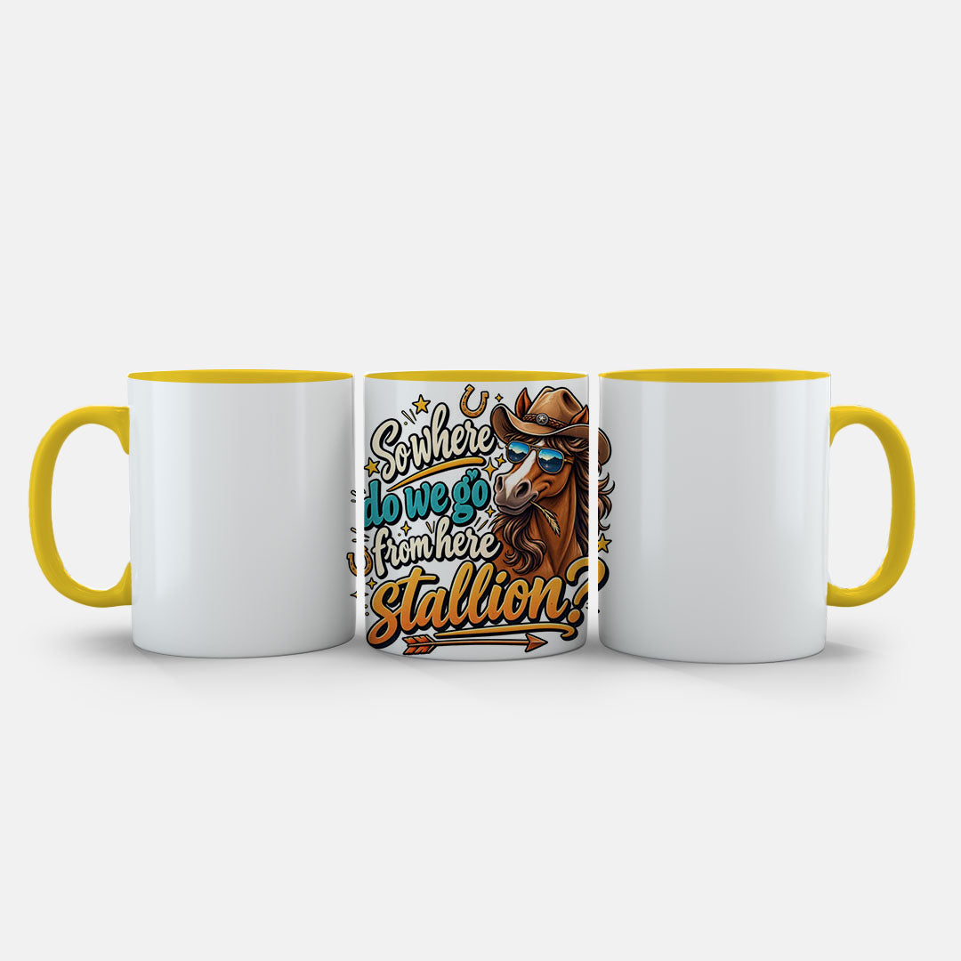11oz Ceramic Mug Green - Cartoon cowboy horse in aviators and Stetson with humorous text and gold stars