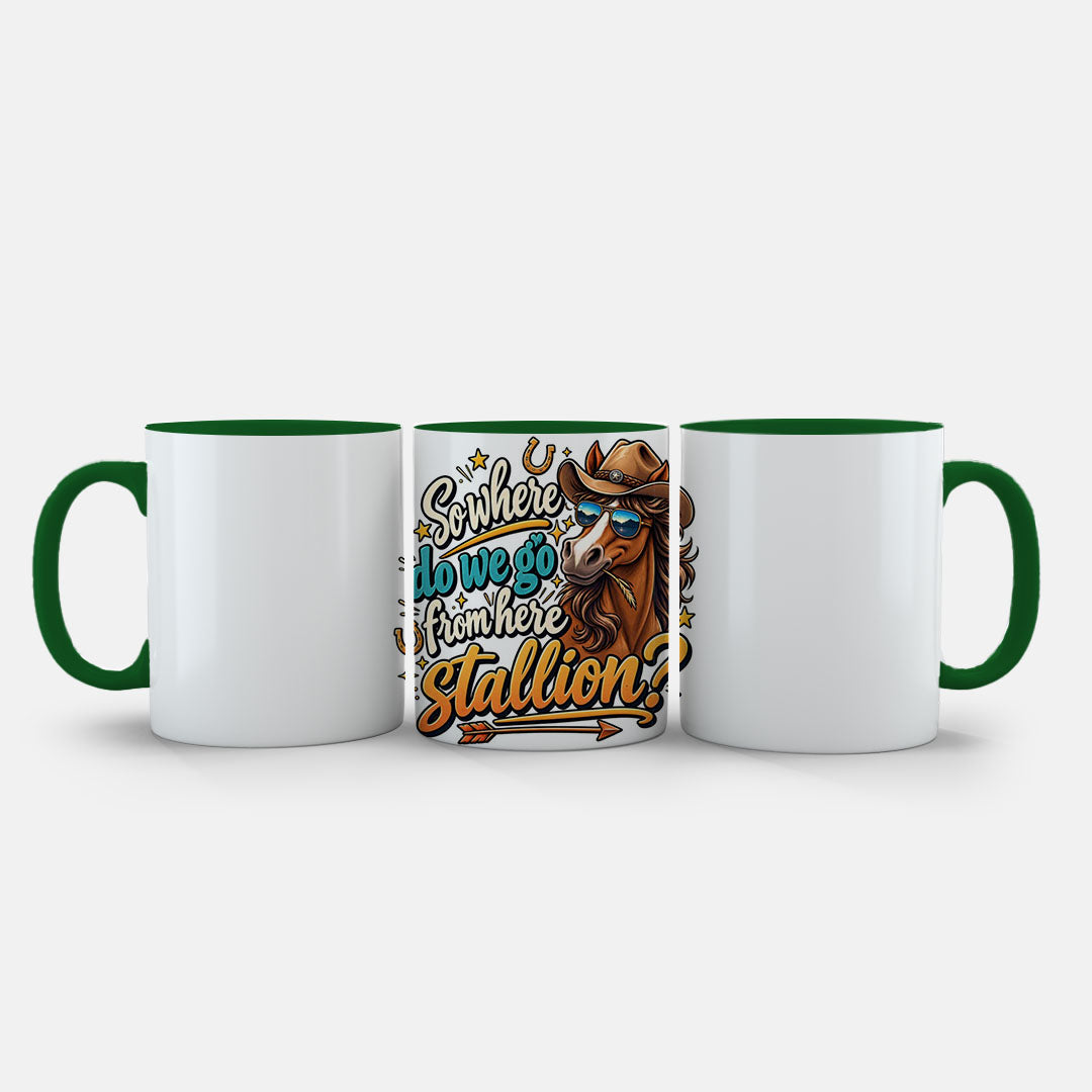 11oz Ceramic Mug Yellow - Cartoon cowboy horse in aviators and Stetson with humorous text and gold stars