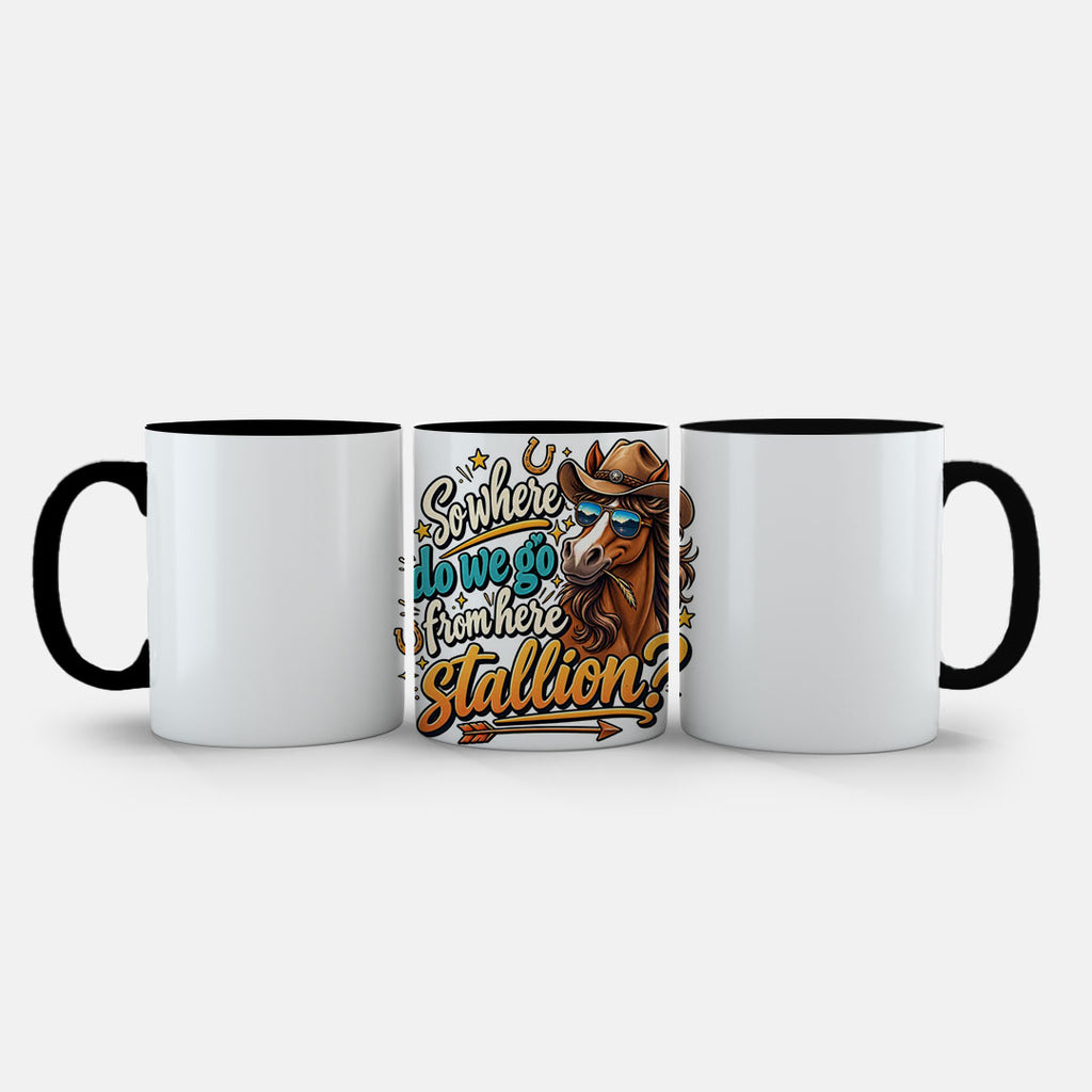 11oz Ceramic Mug Pink - Cartoon cowboy horse in aviators and Stetson with humorous text and gold stars