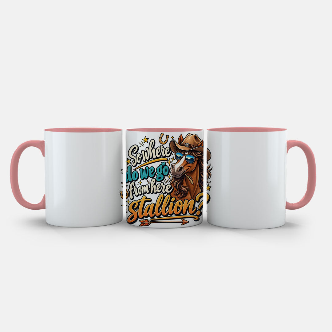 11oz Ceramic Mug Orange - Cartoon cowboy horse in aviators and Stetson with humorous text and gold stars