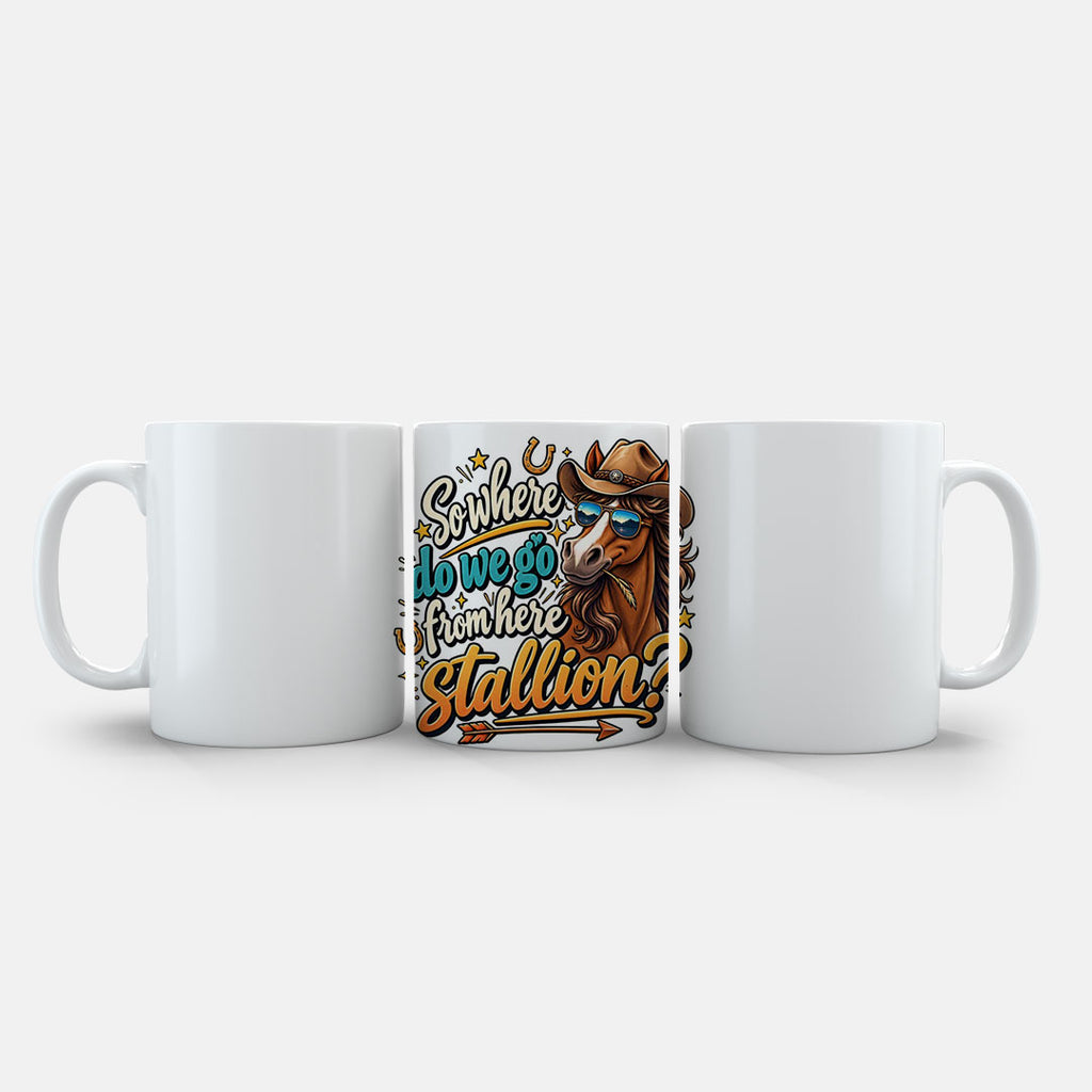 11oz Ceramic Mug Purple - Cartoon cowboy horse in aviators and Stetson with humorous text and gold stars