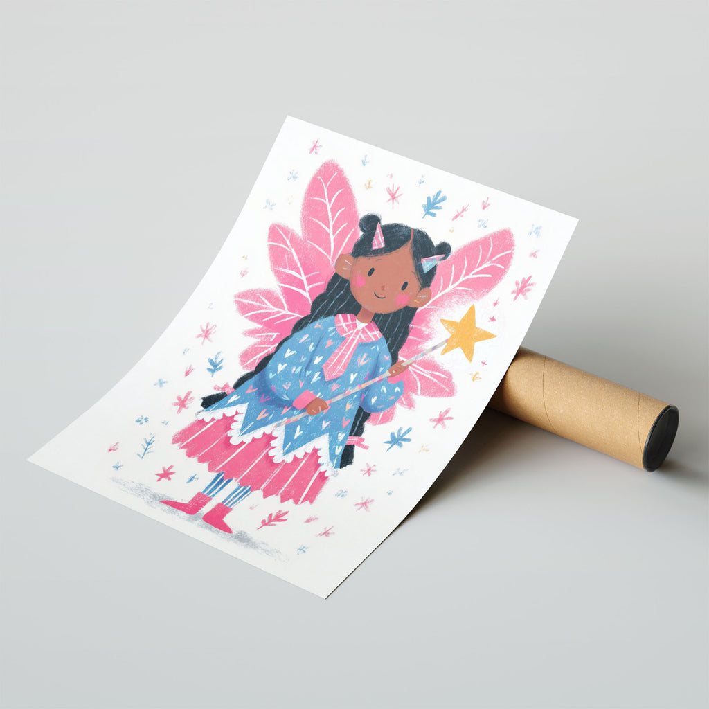 A-Sized Print - Full artwork displaying fairy with magic wand and whimsical scattered leaf and star decorations
