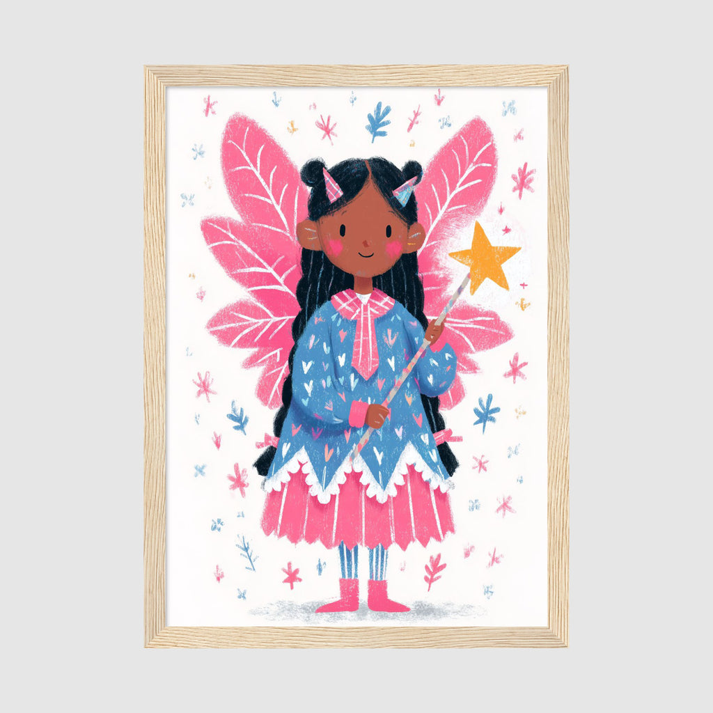 A-Sized Print - Illustration of dark-haired fairy character in festive party hats holding golden star wand aloft