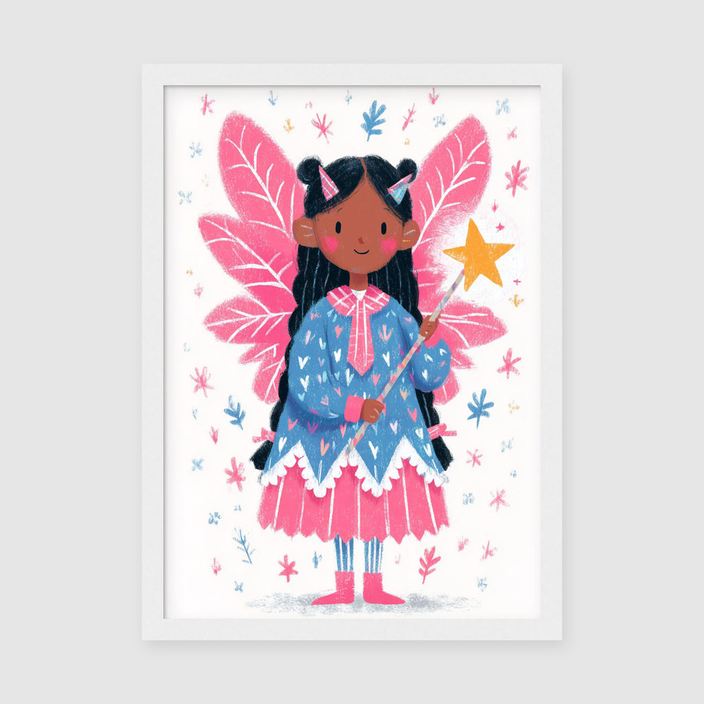 A-Sized Print - Colourful nursery-themed artwork featuring magical fairy with pink wings and sparkly surroundings