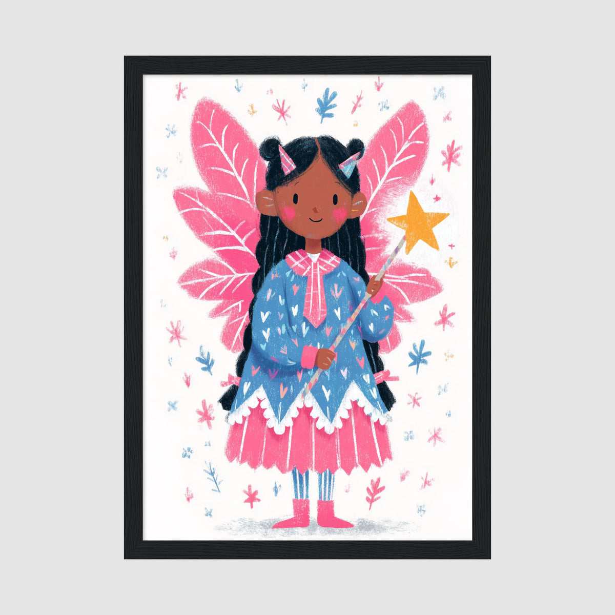 A-Sized Print - Whimsical fairy girl poster with soft colour palette of pinks, blues and golds ideal for children's rooms