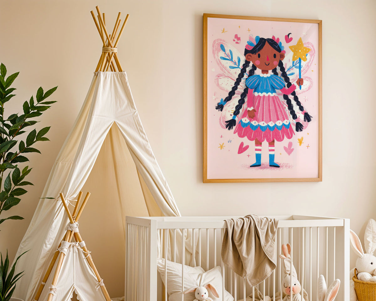 A-Sized Print Nursery - Whimsical fairy illustration with hearts, gold stars and blue botanical details