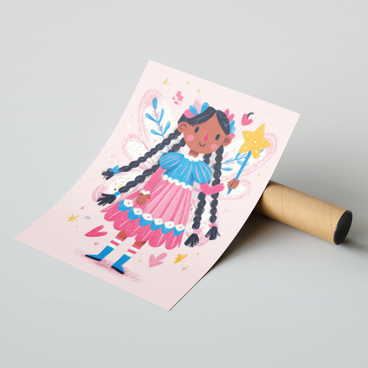 A-Sized Print Nursery - Young fairy character in pink and blue dress against soft pink wallpaper background