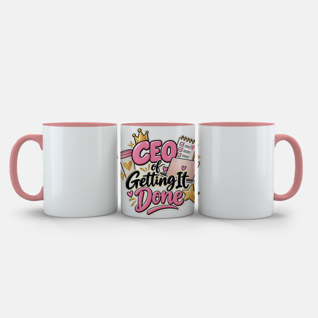 11oz Ceramic Mug Grey - CEO of Getting It Done design in pink and gold