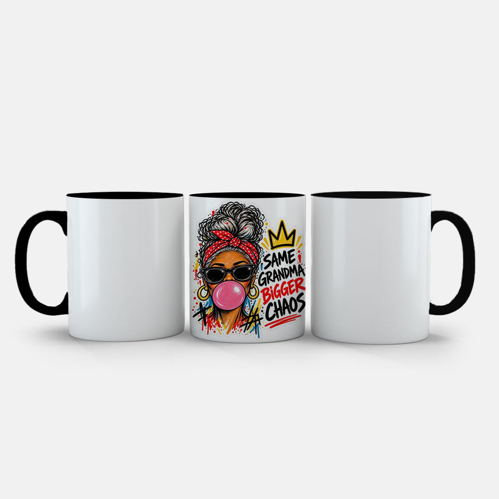 11oz Ceramic Mug Grey - Black and coloured artwork displayed on grey ceramic mug