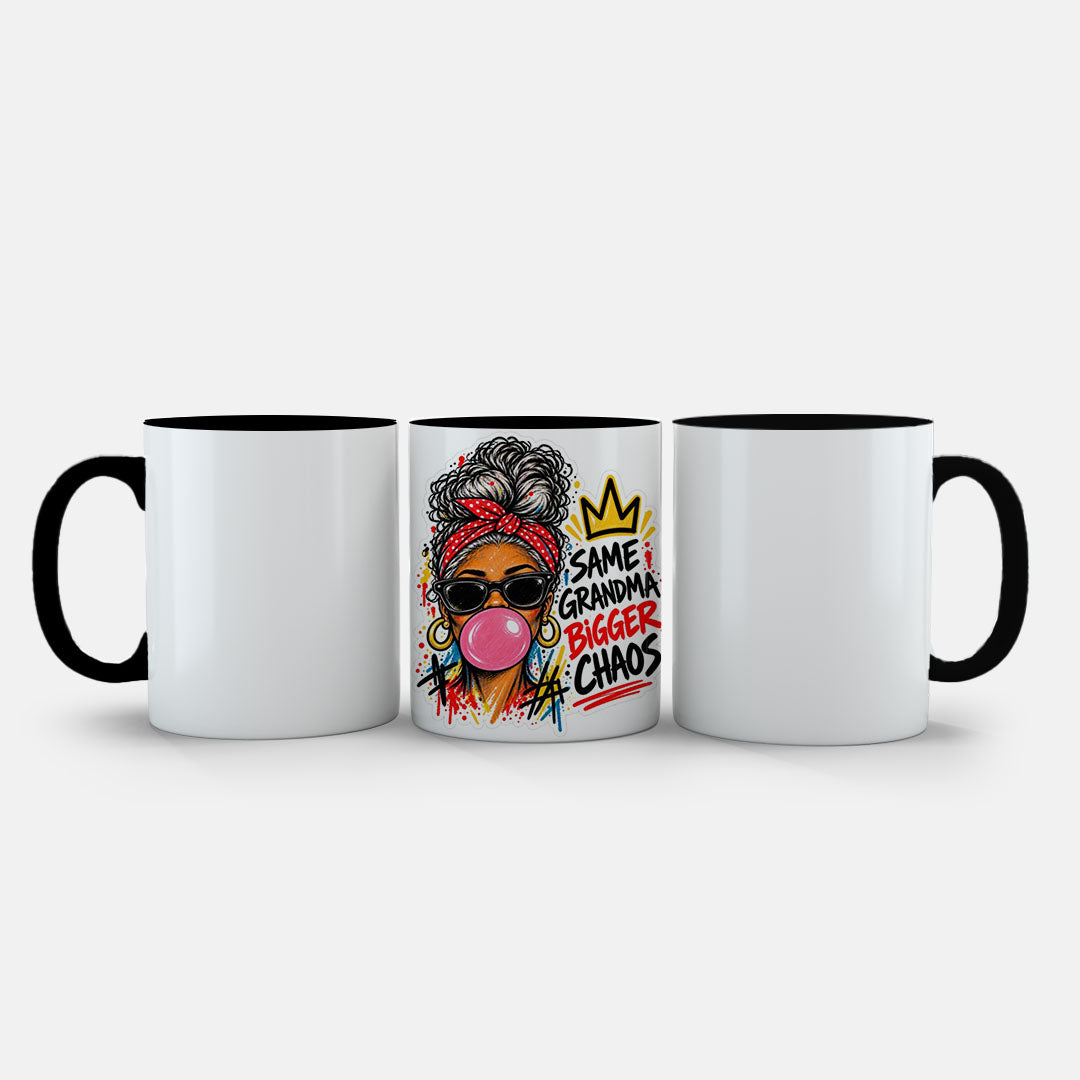 11oz Ceramic Mug Grey - Black and coloured artwork displayed on grey ceramic mug