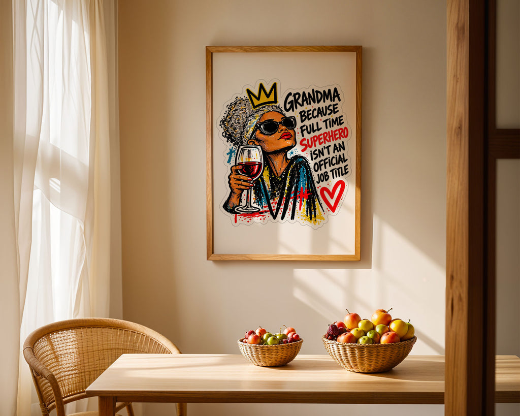Lifestyle Poster A4 - Cheerful family artwork featuring superhero grandma with crown in contemporary home decor