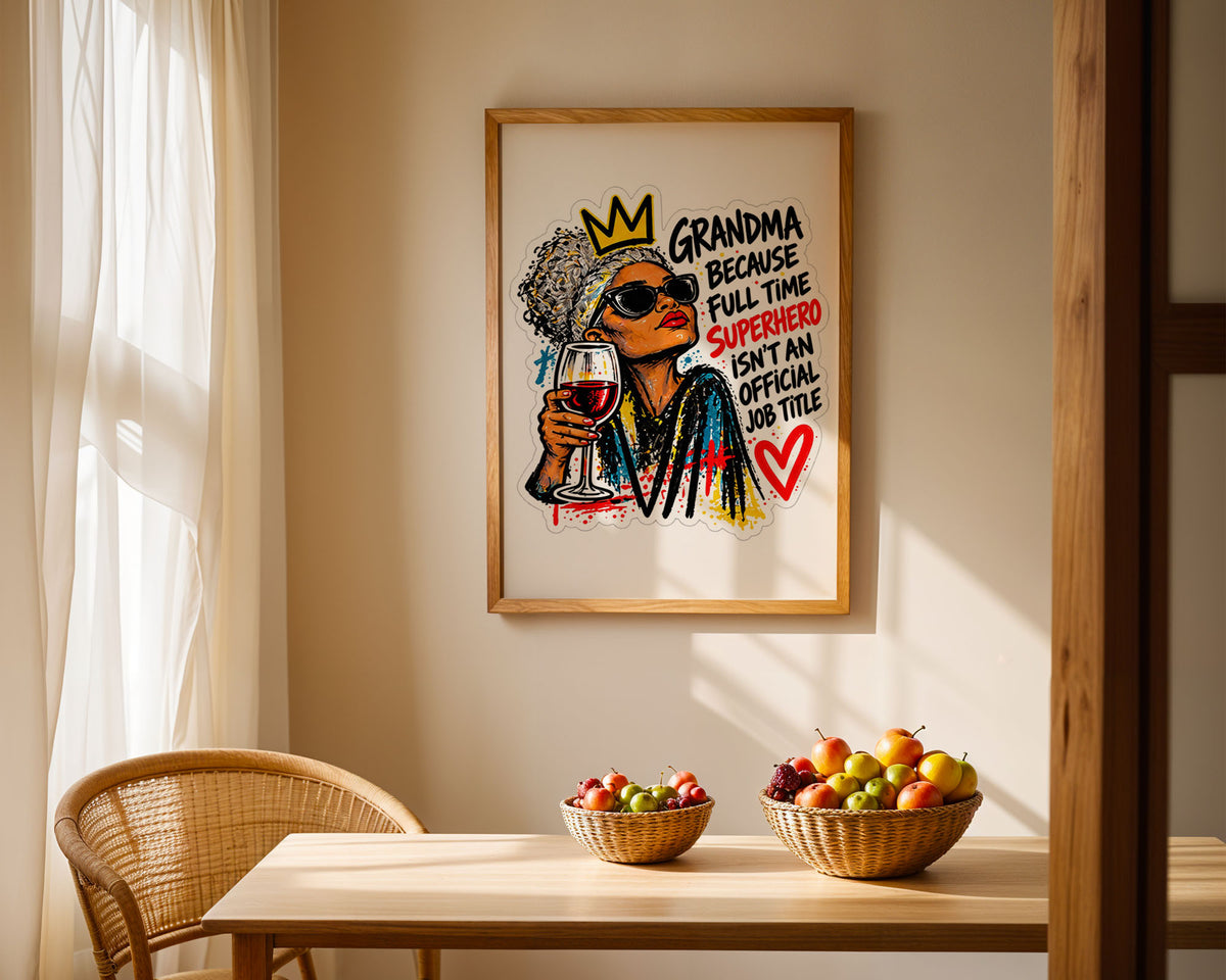 Lifestyle Poster A4 - Cheerful family artwork featuring superhero grandma with crown in contemporary home decor