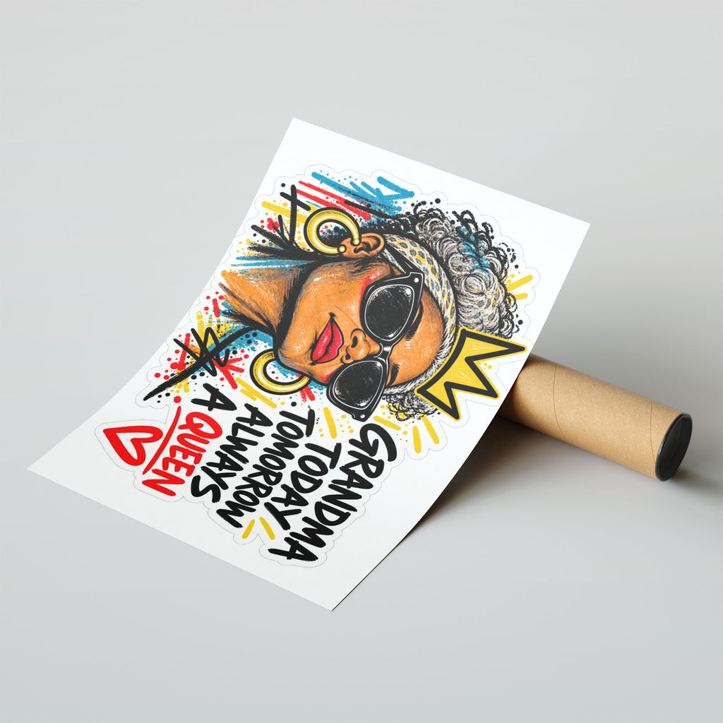 A-Sized Poster Landscape - Vibrant grandma queen poster with rich colour palette and joyful celebratory mood