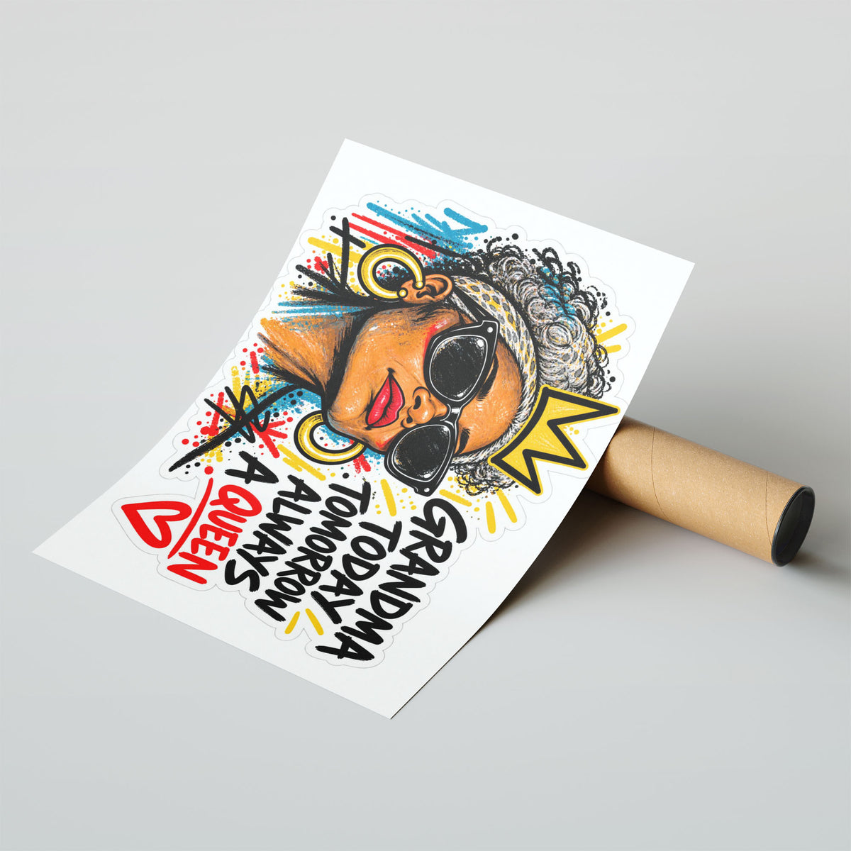 A-Sized Poster Landscape - Vibrant grandma queen poster with rich colour palette and joyful celebratory mood
