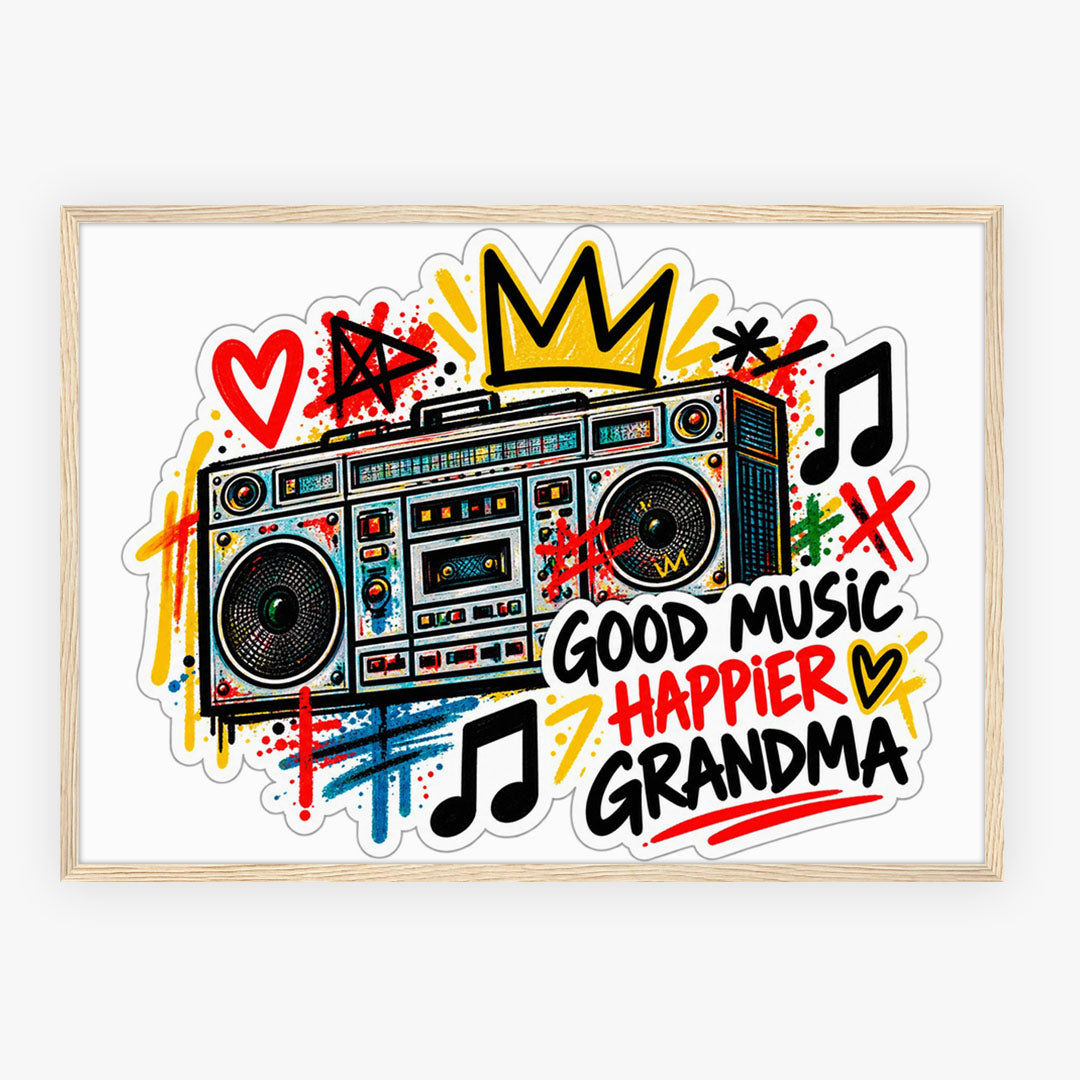 A-Sized Poster Landscape - Vibrant gift worthy poster with playful boombox artwork and 'Good Music Happier Grandma' message