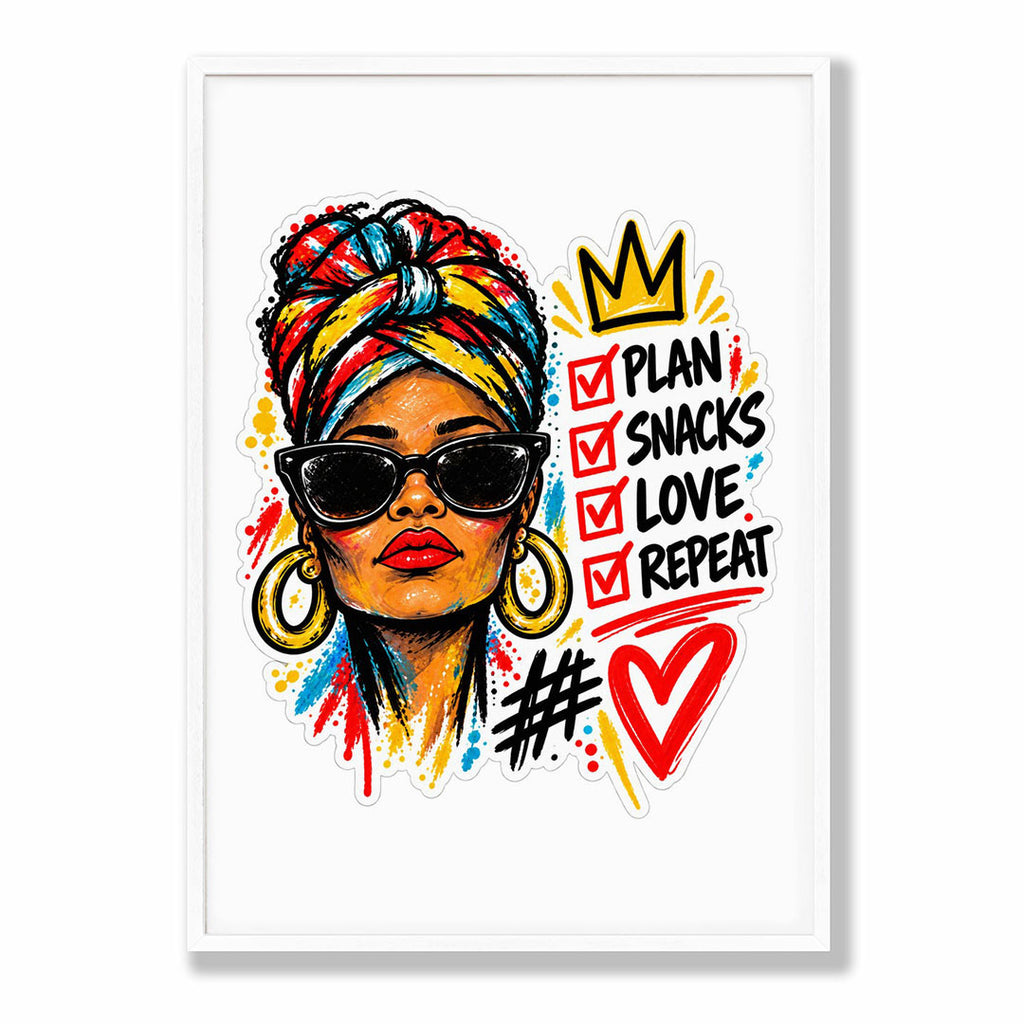 A-Sized Bedroom Portrait - Bold contemporary portrait with rainbow head wrap and positive affirmation text