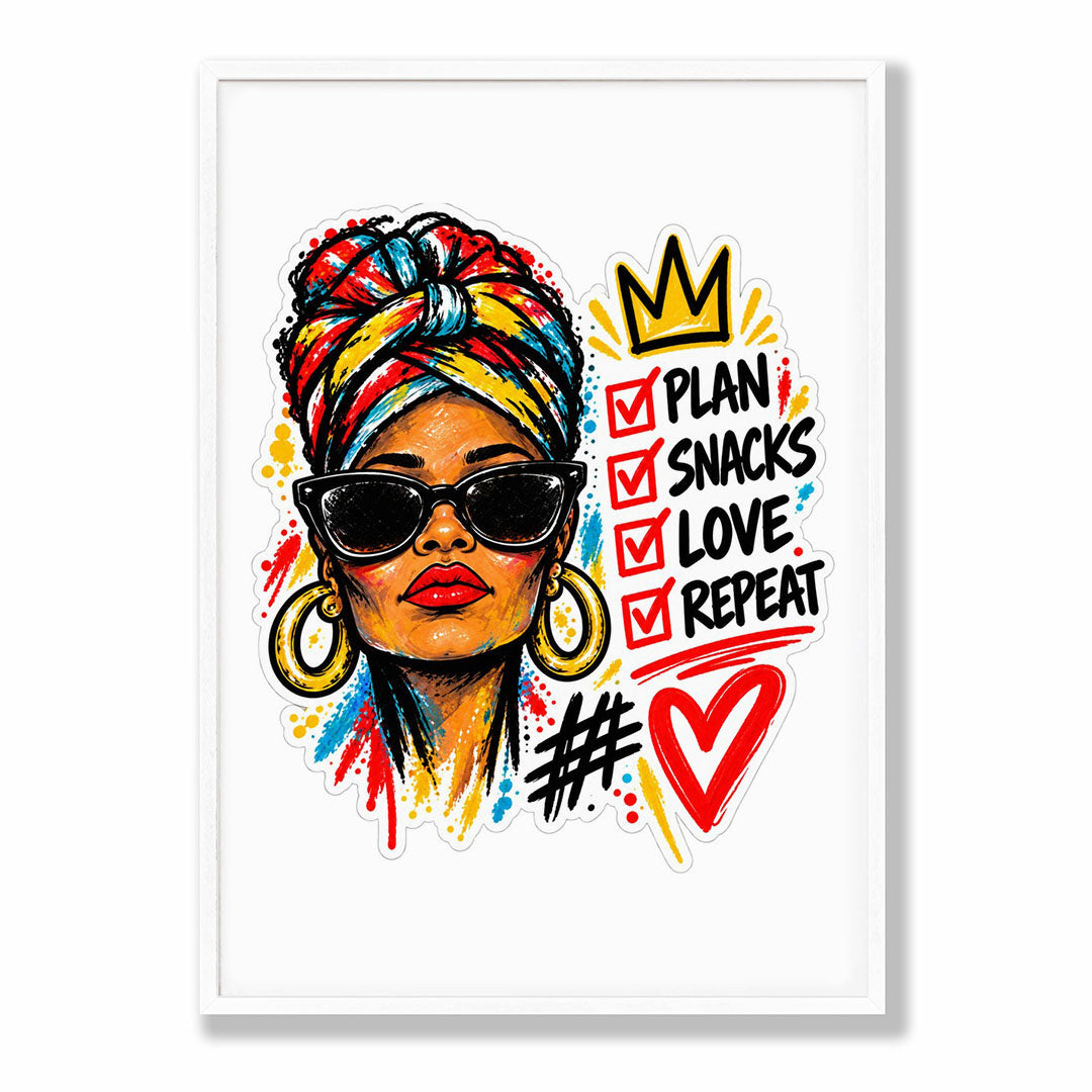 A-Sized Bedroom Portrait - Bold contemporary portrait with rainbow head wrap and positive affirmation text