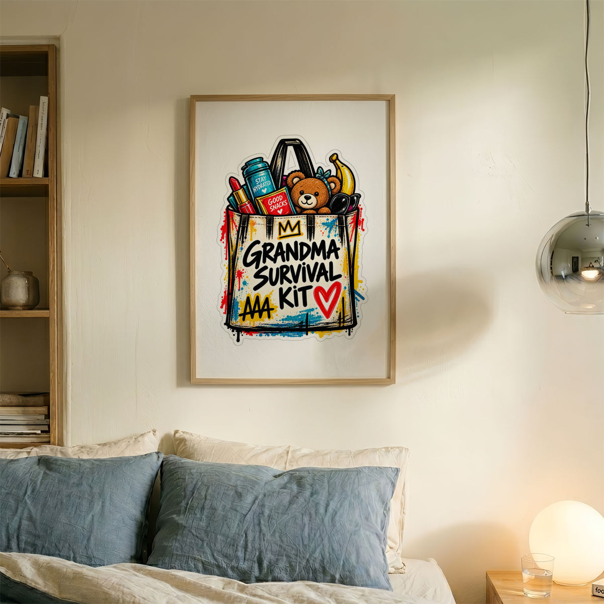 A-Sized Bedroom Portrait - Grandma Survival Kit design with teddy bear and supplies in a tote bag