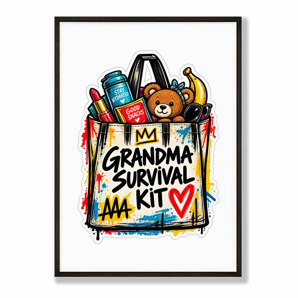 A-Sized Bedroom Portrait - Grandma Survival Kit design with teddy bear and supplies in a tote bag