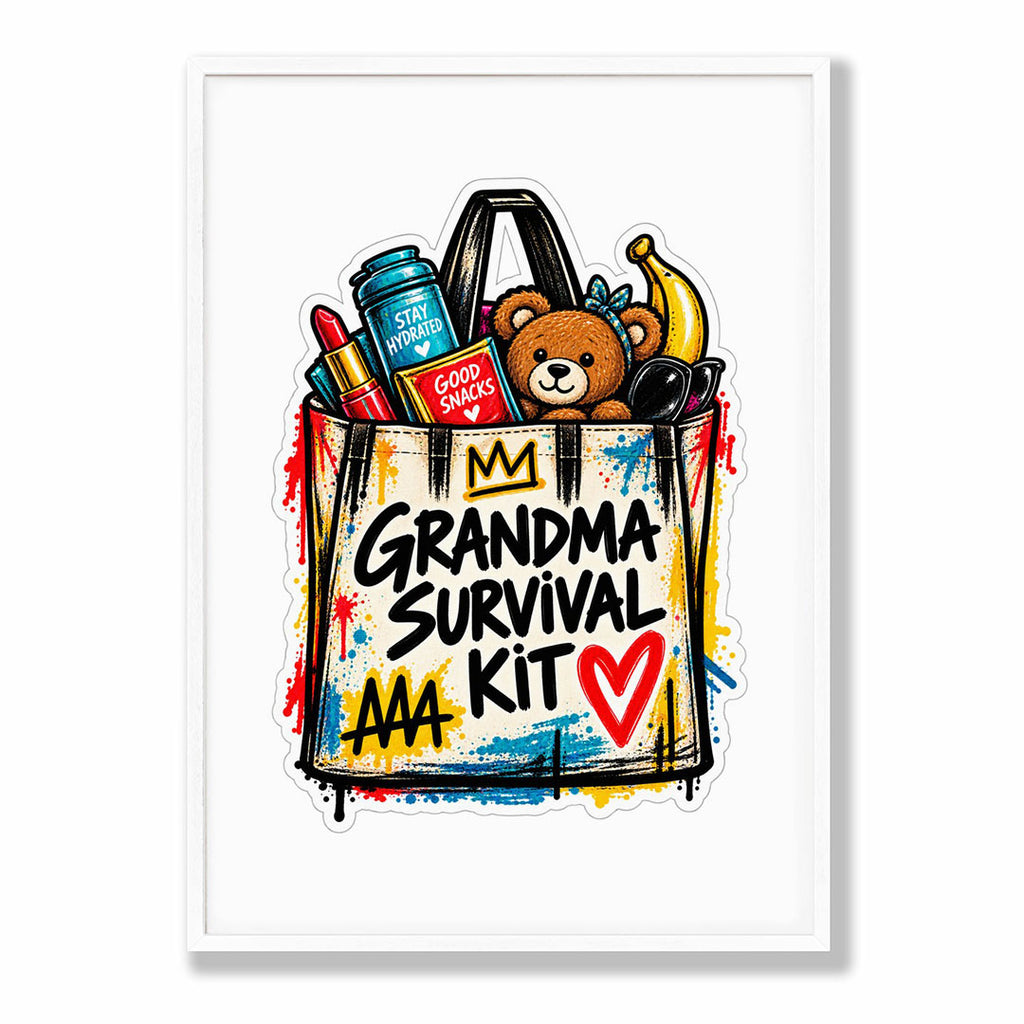 A-Sized Bedroom Portrait - Grandma Survival Kit design with teddy bear and supplies in a tote bag