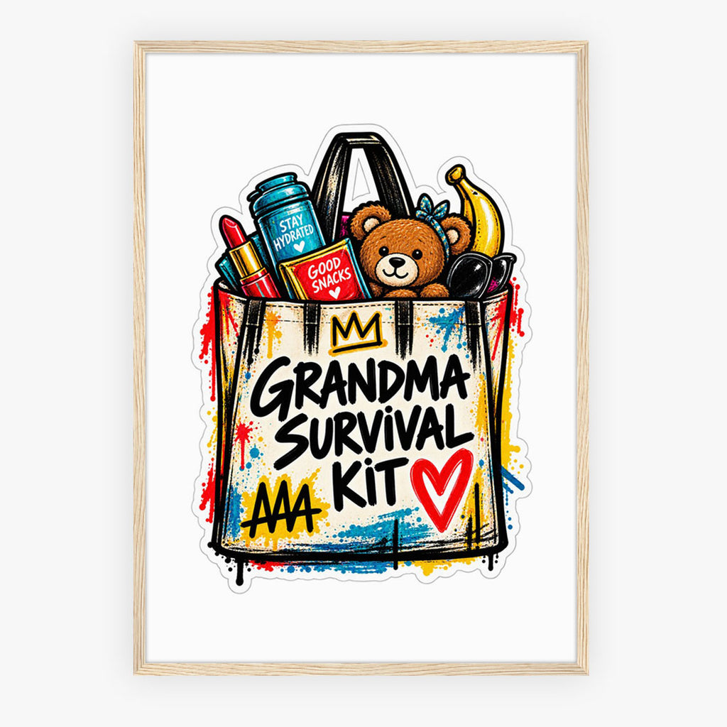 A-Sized Bedroom Portrait - Grandma Survival Kit design with teddy bear and supplies in a tote bag
