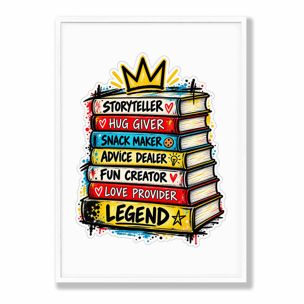A4 Bedroom Portrait - Artistic book stack with crown, hearts and inspirational text