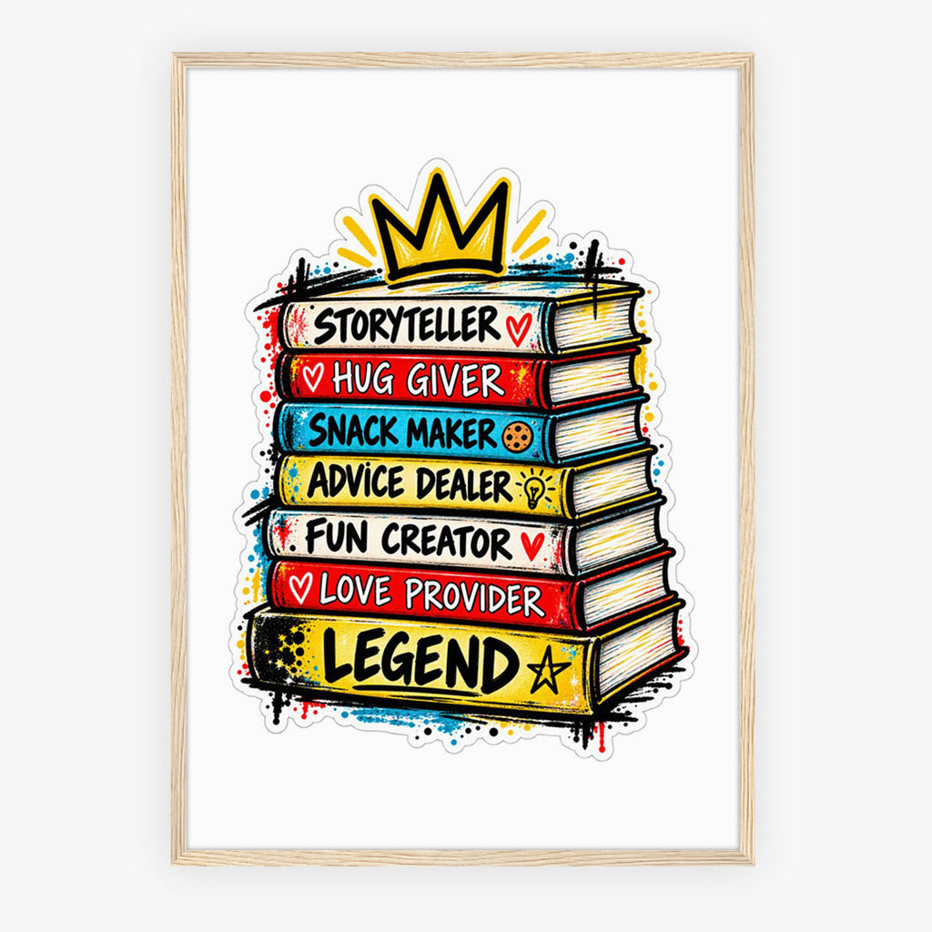 A4 Bedroom Portrait - Vibrant bedroom wall art showing playful stack of decorated books