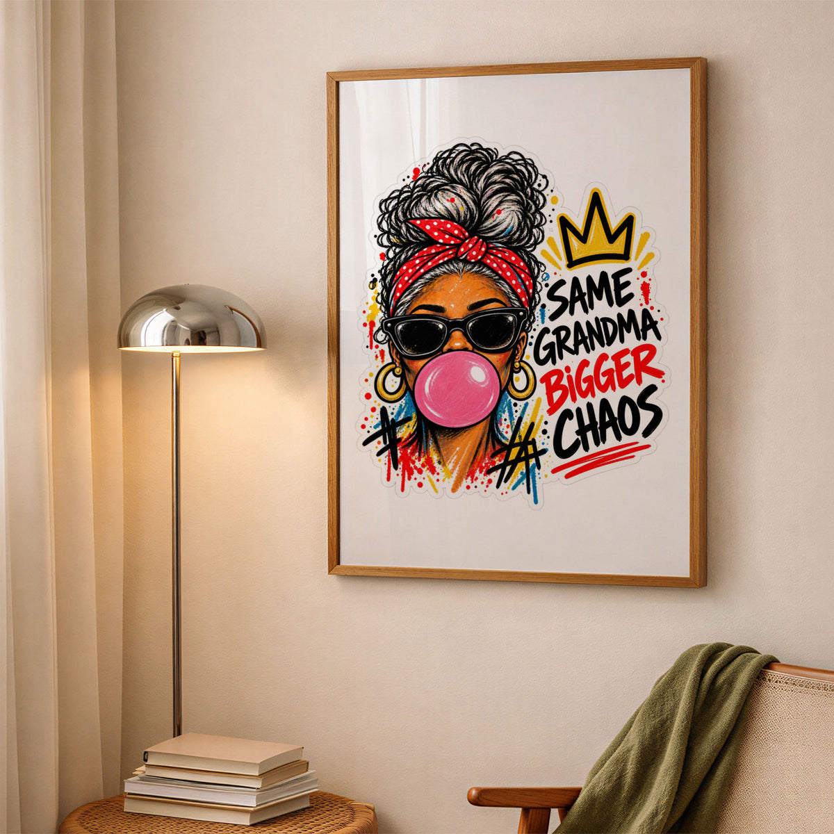 A-Sized Bedroom Portrait - Colourful pop art of a confident woman in sunglasses blowing bubble gum
