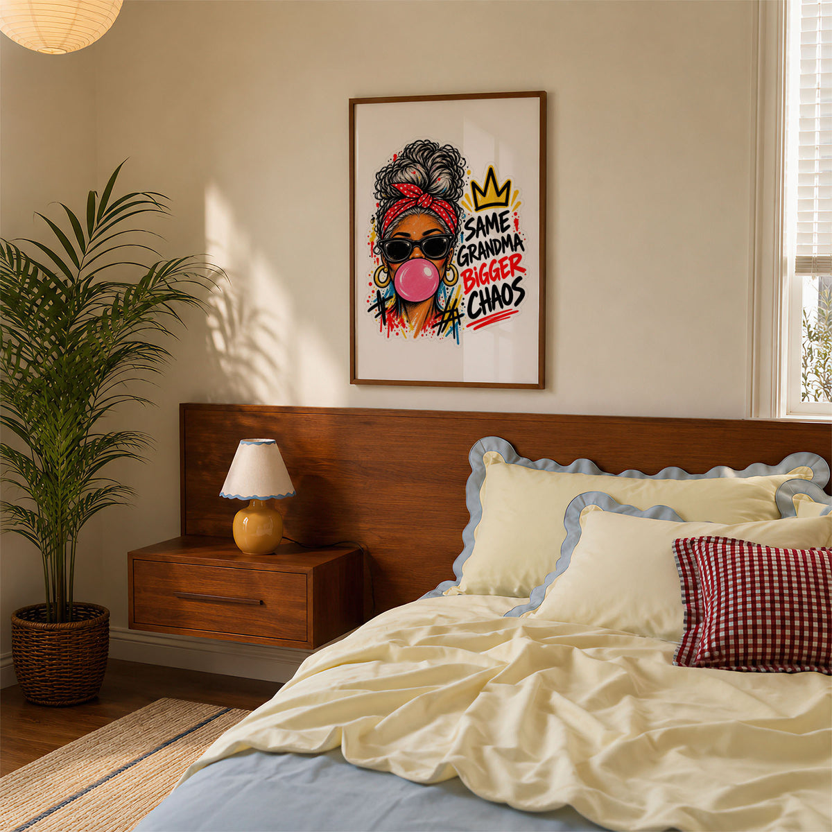 A-Sized Bedroom Portrait - Sassy grandma artwork with red polka dot headwrap and gold crown design