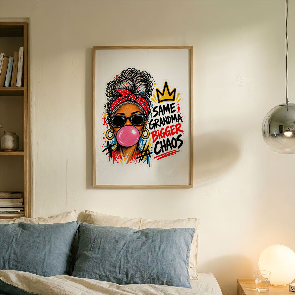 A-Sized Bedroom Portrait - Modern street art style portrait of woman in black sunglasses with big bubble