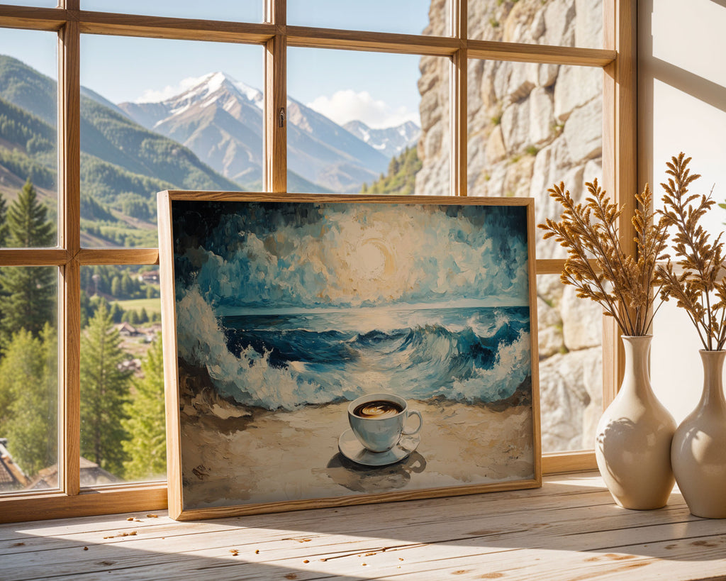 A4 Poster Landscape - Coastal painting with pale sand, blue waves, and coffee cup centrepiece