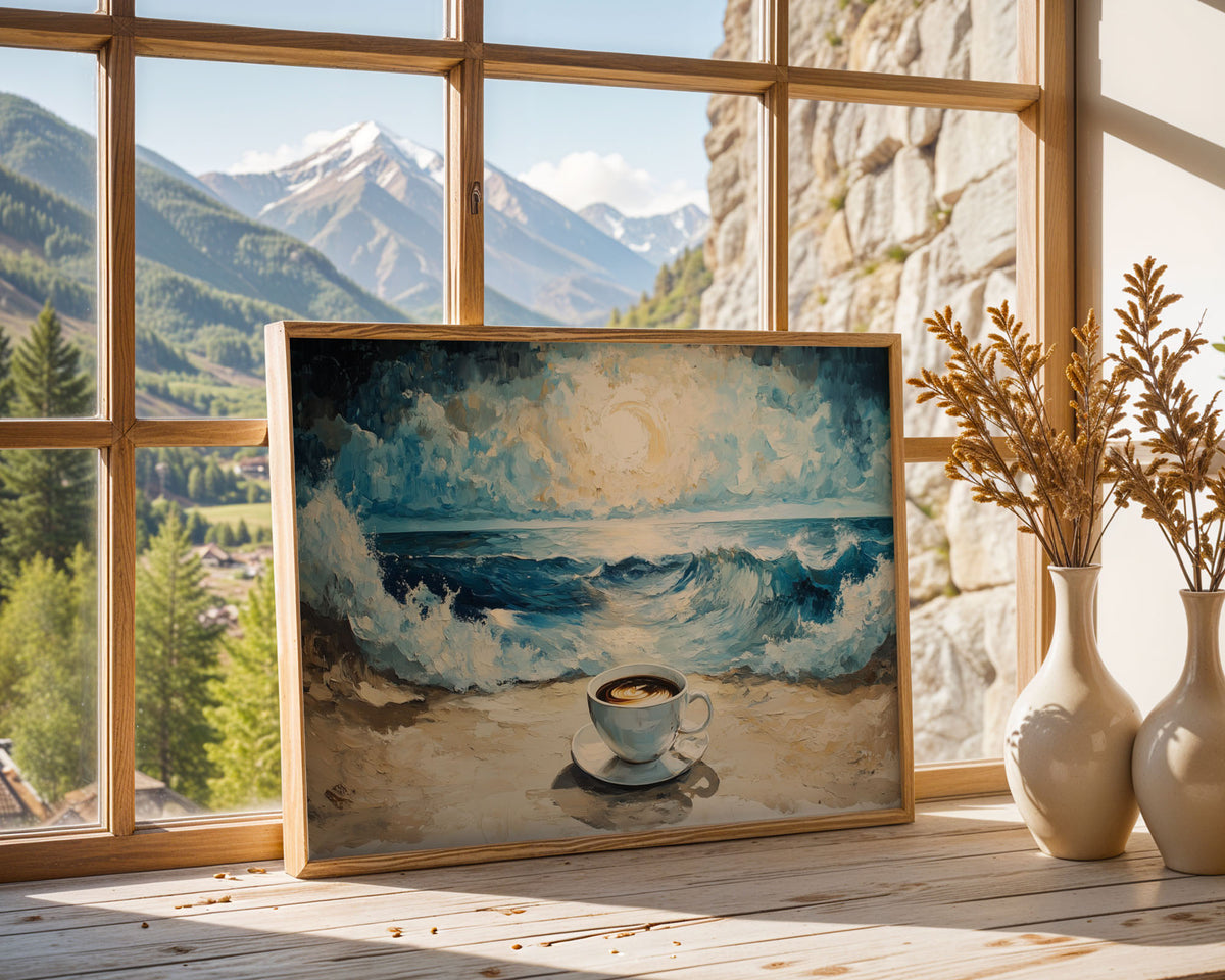 A4 Poster Landscape - Coastal painting with pale sand, blue waves, and coffee cup centrepiece