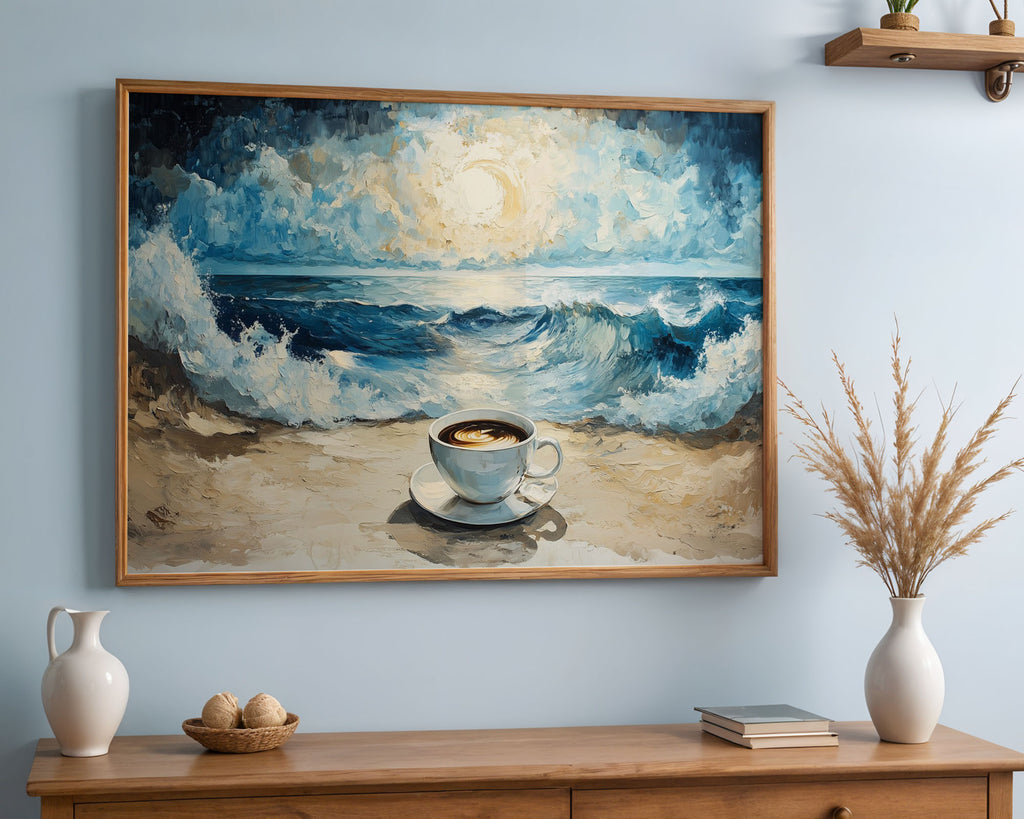 A4 Poster Landscape - Oil-style artwork of coffee on beach with luminous sky and white foam